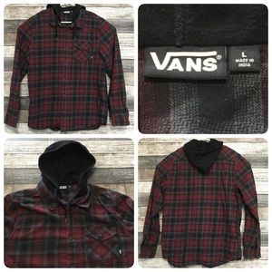 Vans flannel hoodie men’s size L red black plaid button front shirt
